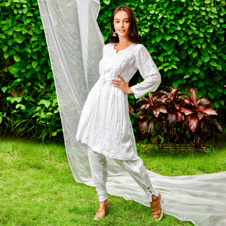 Diva White Viscose Kurta Set With Afghani Pant